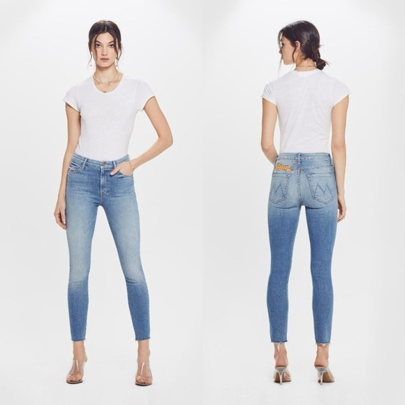 MOTHER High Waisted Looker Ankle Fray Jeans, Shoot to Thrill Wash w/ Leopard - Picture 1 of 10